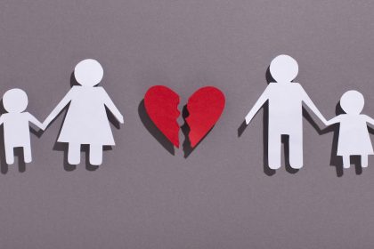 Paper chain family cut out with broken heart on gray